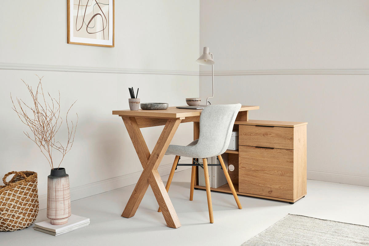 ECKSCHREIBTISCH 140/95/76 cm Eichefarben Kabeldurchlass, Stauraum, seitenverkehrt montierbar, in verschiedenen Holz-Dekoren erhältlich  - Eichefarben/Schwarz, MODERN, Holzwerkstoff/Metall (140/95/76cm) - MID.YOU