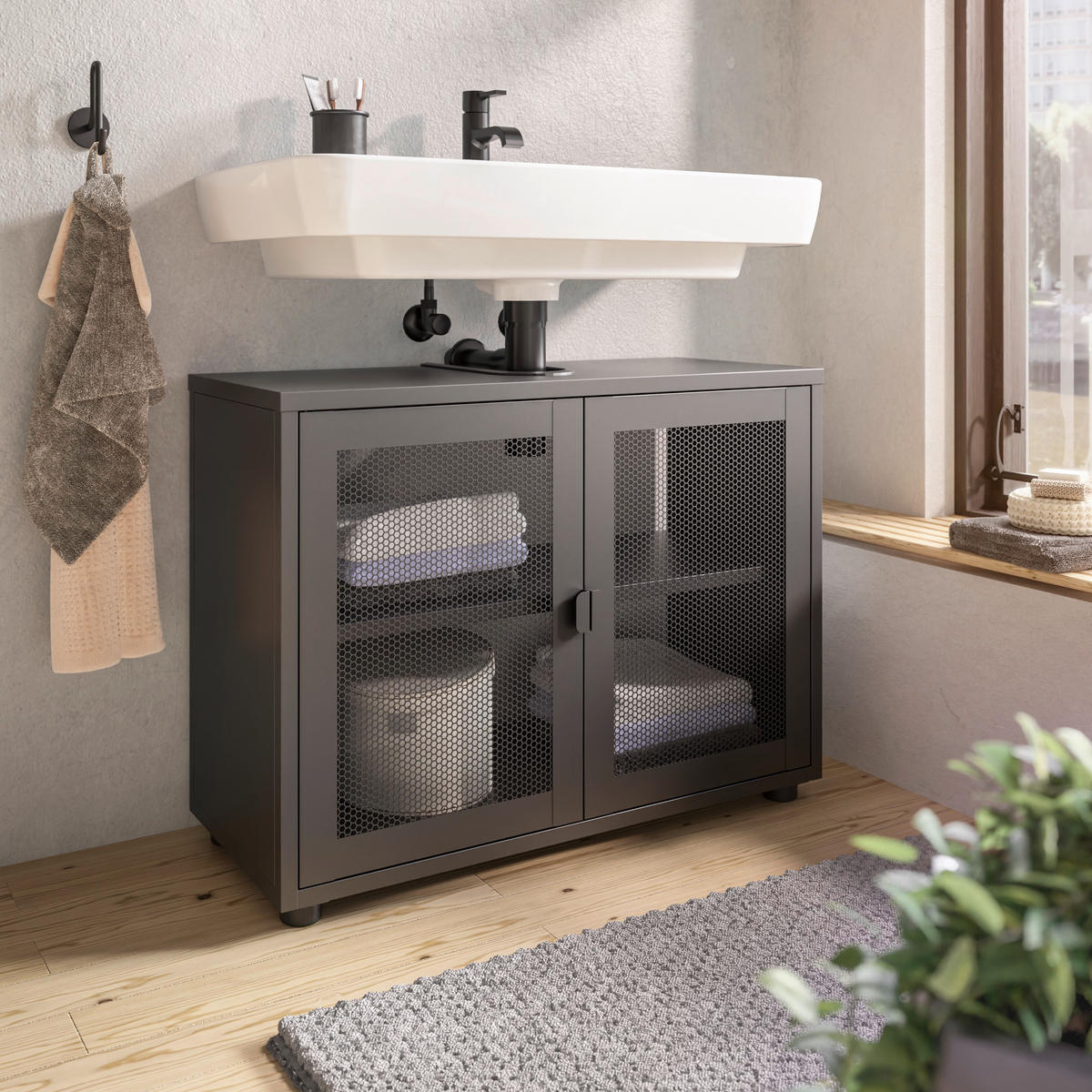 WASCHBECKENUNTERSCHRANK 80/60/33 cm  - Schwarz, Design, Kunststoff/Metall (80/60/33cm) - home24