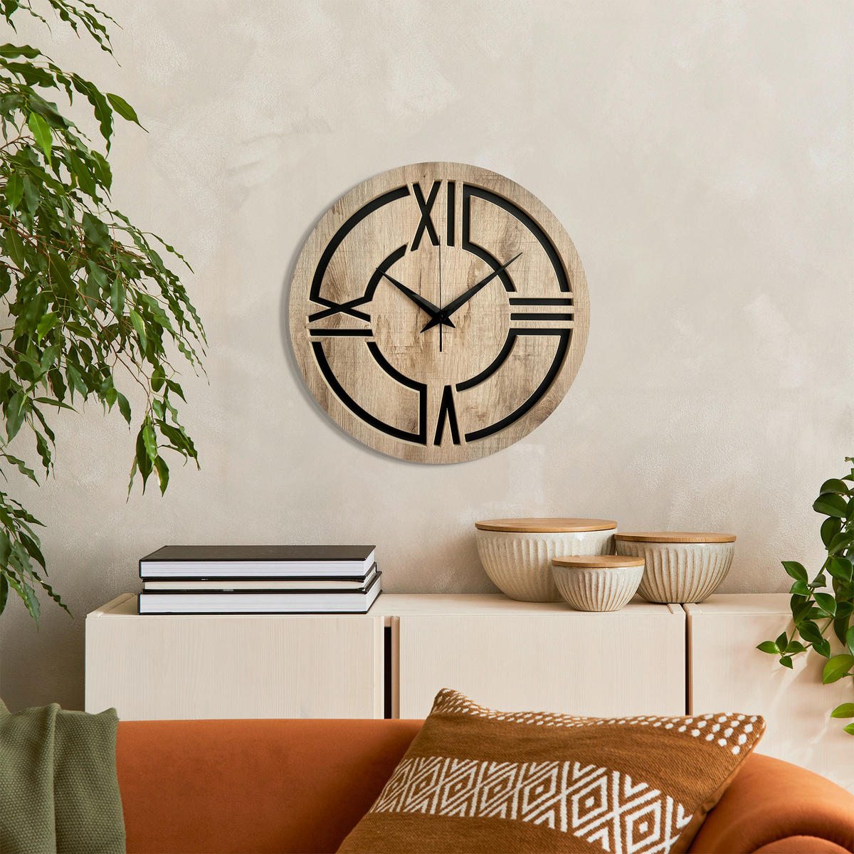 WANDUHR - Schwarz, Eichefarben  - Eichefarben/Schwarz, Basics, Holz/Kunststoff (57cm)