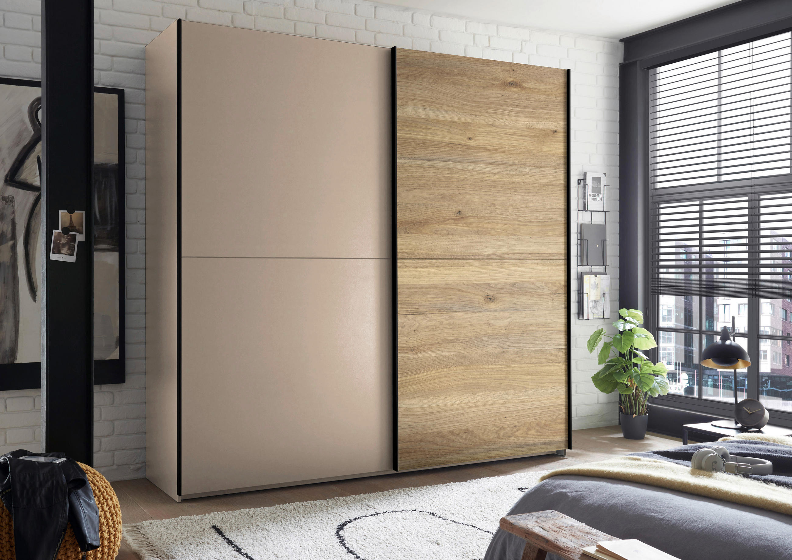 OMARA Z DRSNIMI VRATI, barve hrasta, kašmir  - kašmir/črna, Moderno, kovina/leseni material (215/210/60cm) - Hom`in