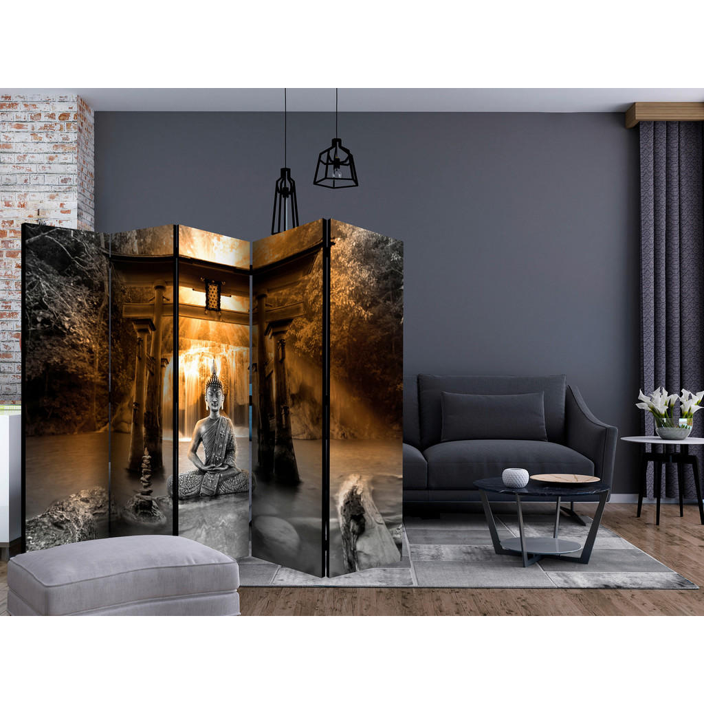Thumbnail - artgeist Paravent, Grau, Orange, Holz, Textil, Kiefer, massiv, Buddha, 225x172x3 cm, Motiv auf Vorderseite, Wohnzimmer, ...