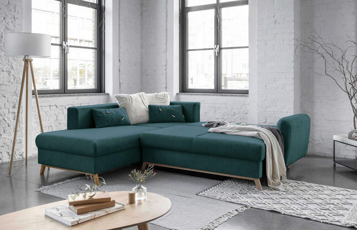 ECKSOFA Türkis Chenille  - Türkis/Naturfarben, Holz/Textil (202/242cm) - MID.YOU