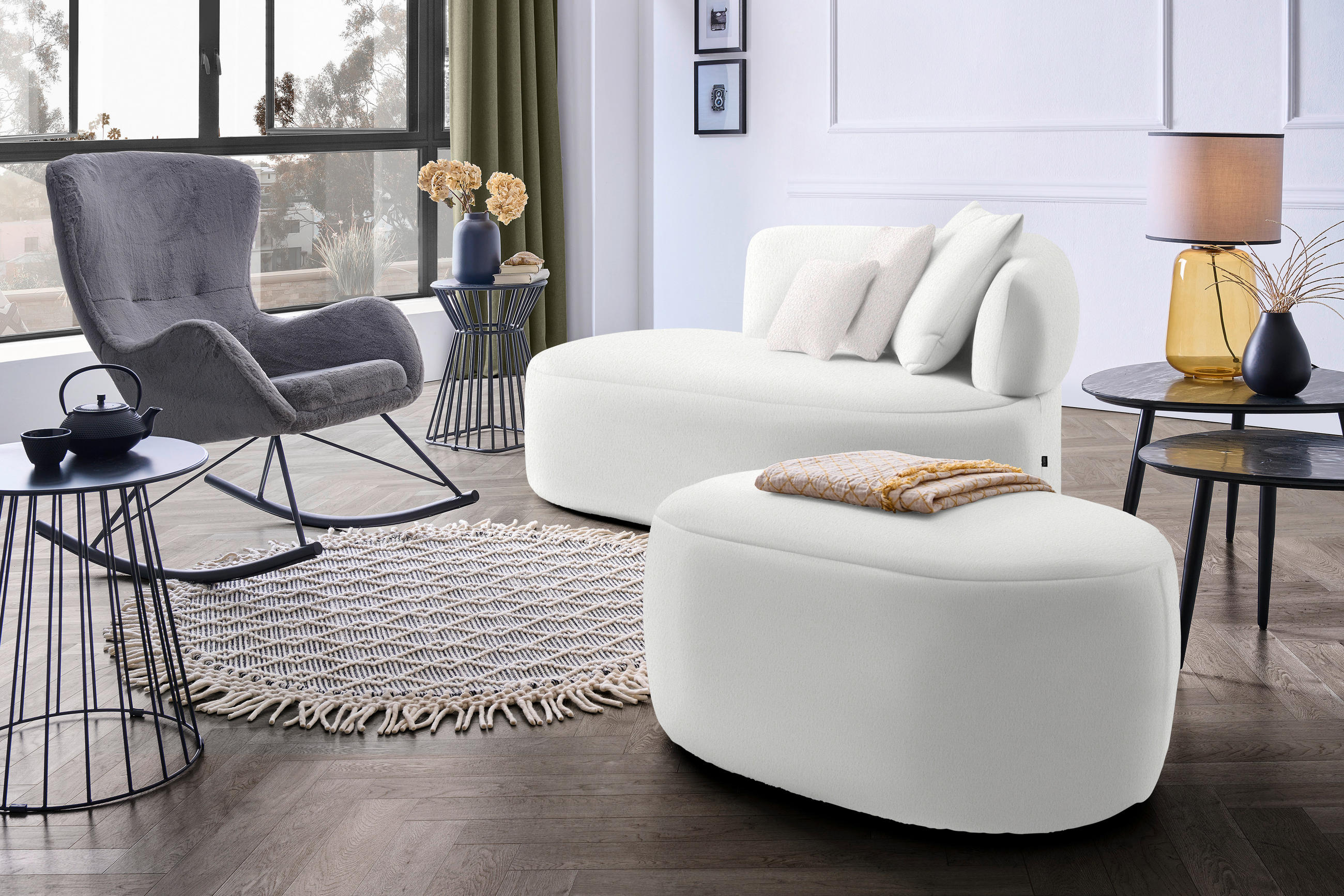 RÉCAMIERE in Bouclé Creme, Hellrosa  - Hellrosa/Creme, MODERN, Kunststoff/Textil (166/86/105cm) - Hom`in
