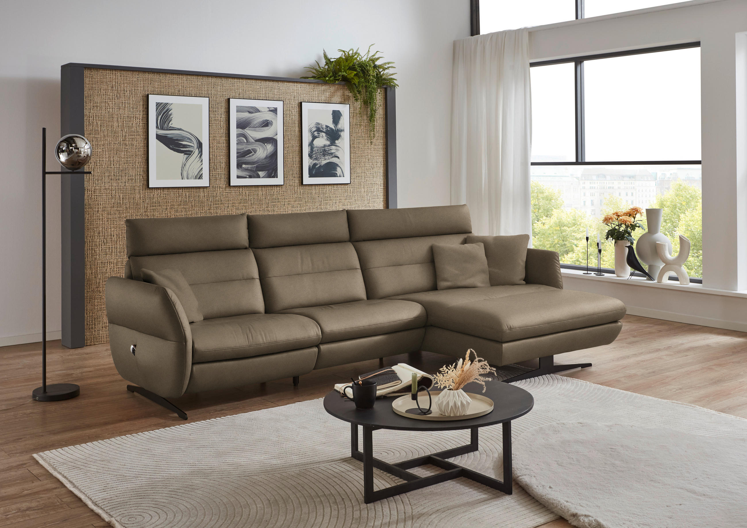 ECKSOFA in Echtleder Hellbraun  - Hellbraun/Schwarz, Design, Leder/Metall (300/157cm) - Dieter Knoll
