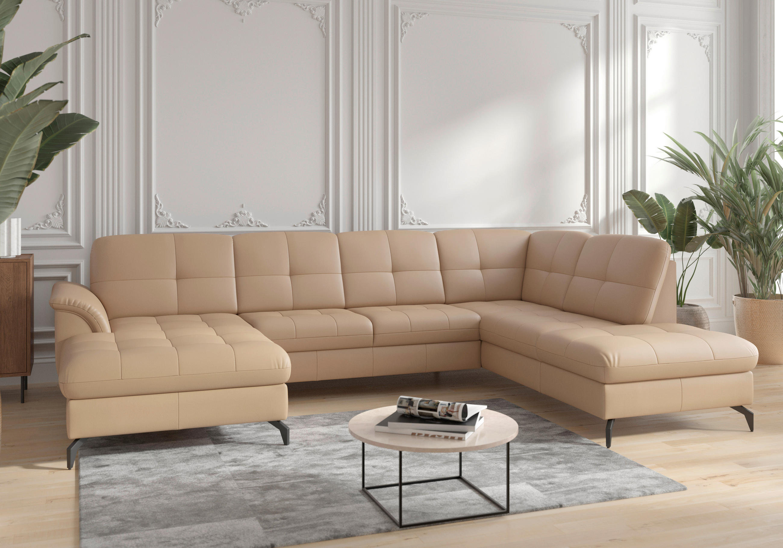 WOHNLANDSCHAFT in Vliesstoff Kombination Echtleder/Stoff Cappuccino  - Schwarz/Cappuccino, MODERN, Leder/Textil (164/319/212cm) - Sit & More