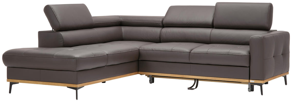 ECKSOFA in Echtleder Dunkelbraun  - Dunkelbraun/Schwarz, Design, Leder/Holz (220/252cm) - Novel