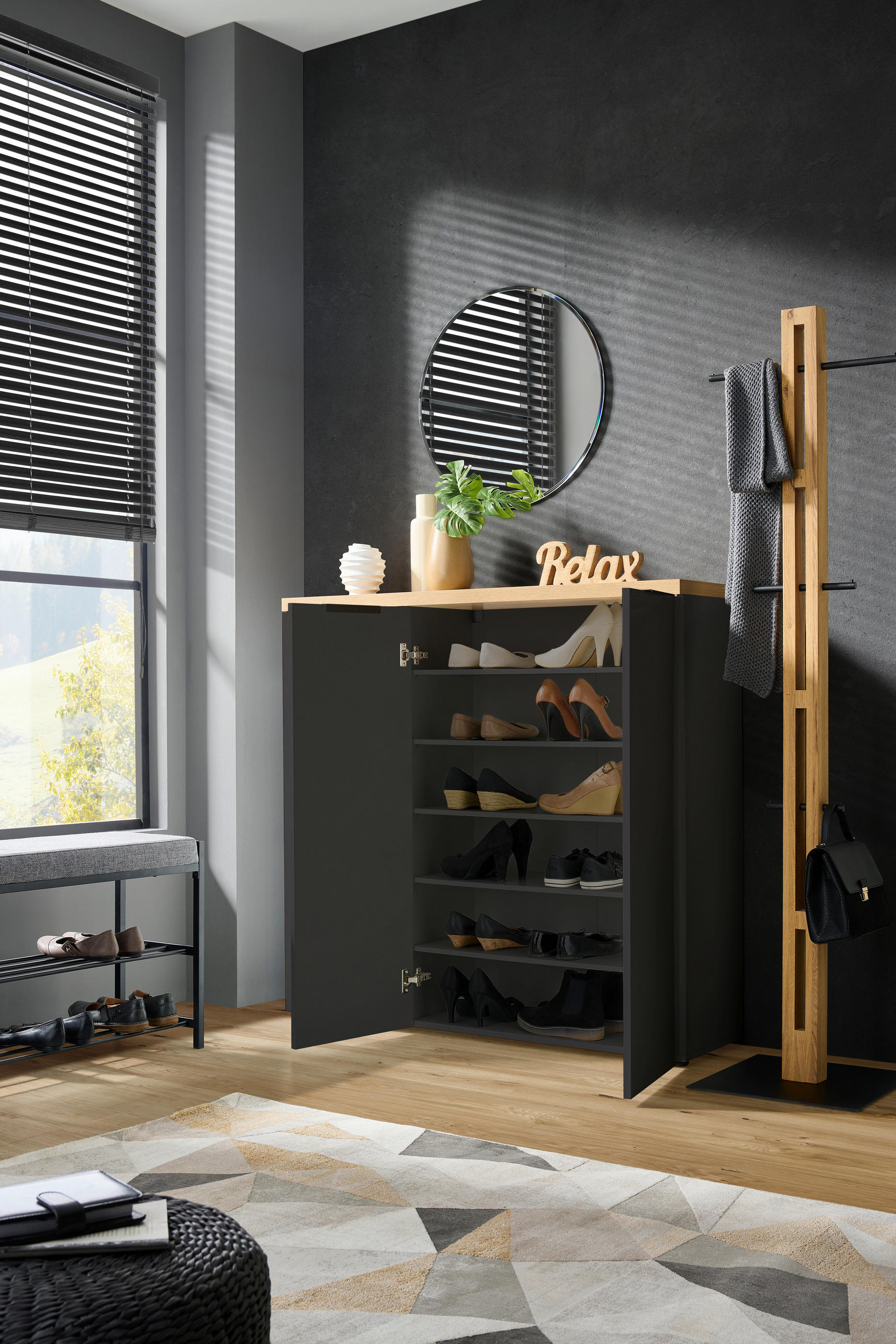 Thumbnail - Xora Schuhschrank, Anthrazit, Eiche, Holzwerkstoff, 10 Fächer, 120x115x34 cm, Beimöbel erhältlich, Garderobe, Schuhaufbe...