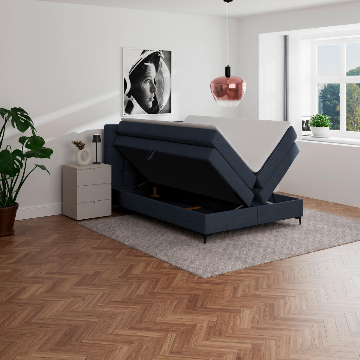 BOXSPRINGBETT 140/200 cm,  in Dunkelblau, H3 = fest  - Schwarz/Dunkelblau, KONVENTIONELL, Kunststoff/Textil (140/200cm)