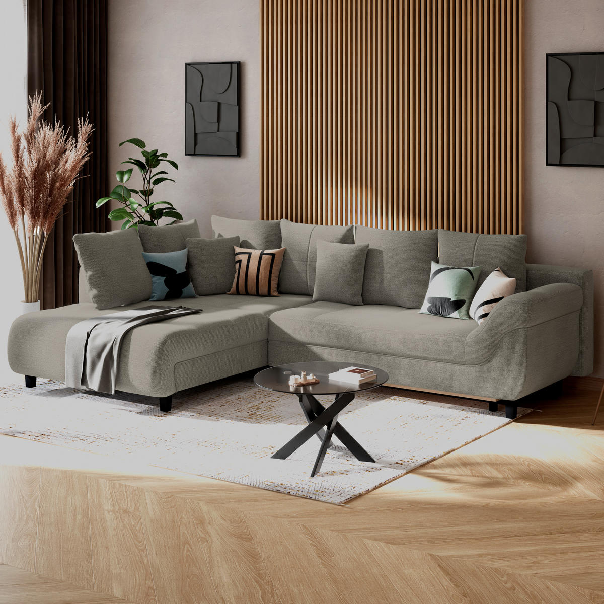 ECKSOFA MENDOZA NEW Sandfarben Chenille, Struktur Zierkissen, Rückenkissen, Bettkasten  - Sandfarben/Schwarz, KONVENTIONELL, Textil (197/309cm) - MID.YOU