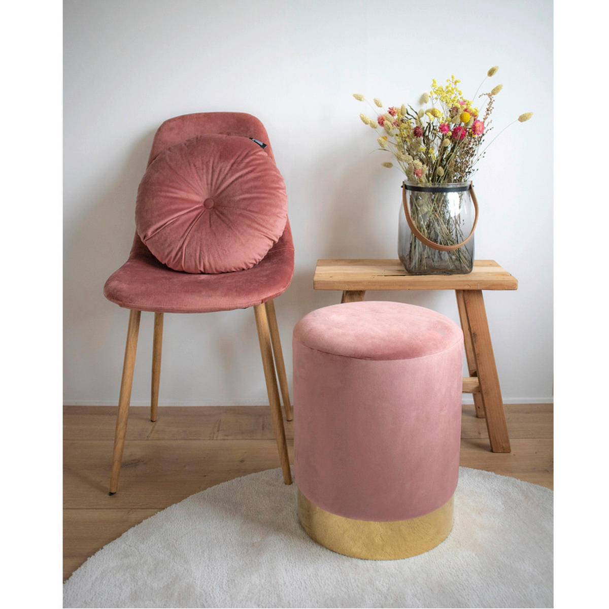 POUF Gamby Velours Uni Pink 34/43/34 cm  - Pink, Basics, Textil (34/43/34cm)