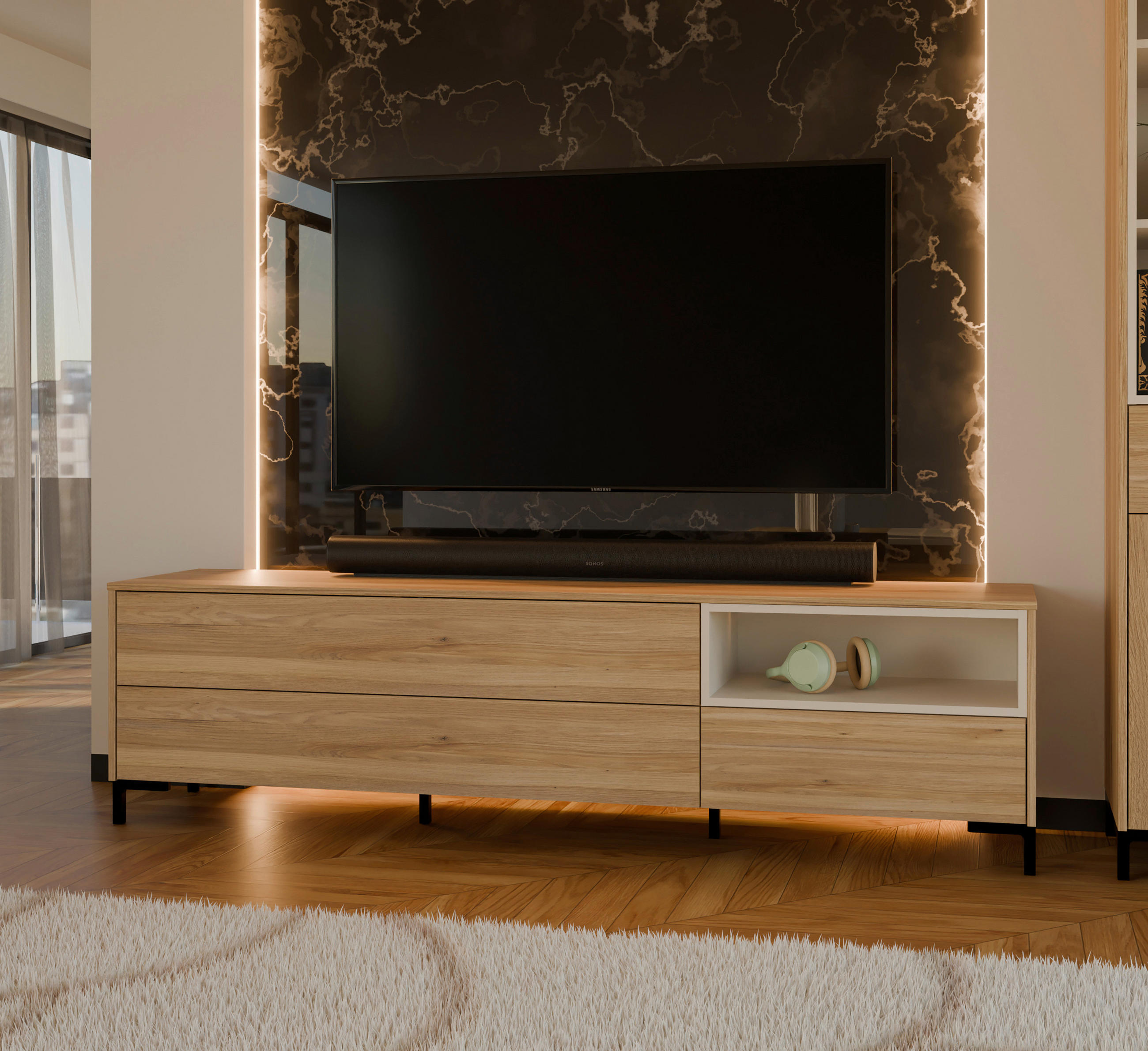 TV-ELEMENT naravne barve, peščene barve  - naravne barve/peščene barve, Moderno, umetna masa/leseni material (183,4/49,5/41,5cm) - Hom`in