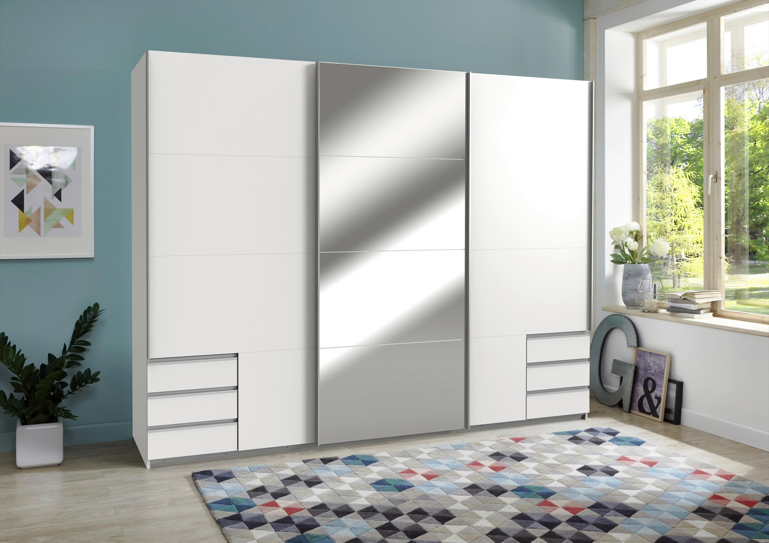 OMARA Z DRSNIMI VRATI, bela  - bela/barve aluminija, Moderno, kovina/leseni material (270/210/65cm) - Hom`in