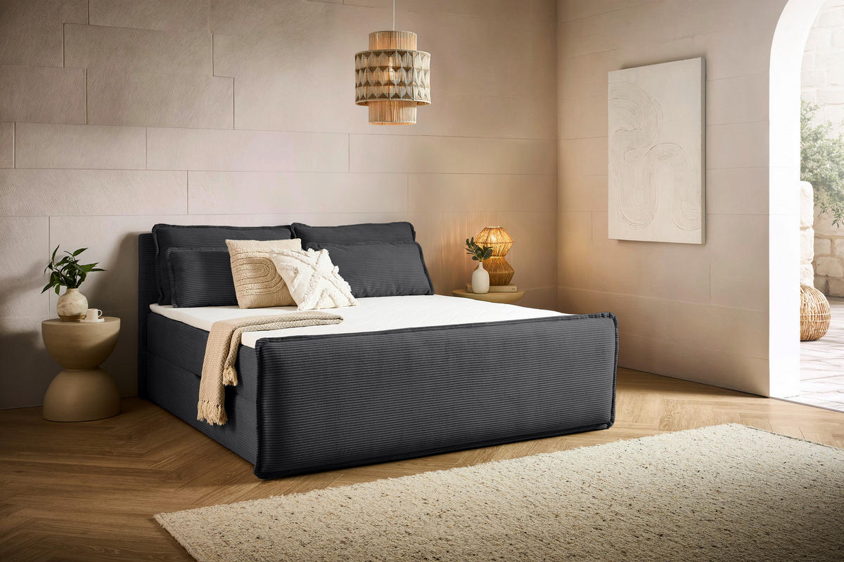 BOXBETT 180/200 cm,  in Anthrazit, Kissen, Bettkasten, Topper, H3 + H3 = fest  - Anthrazit/Schwarz, Design, Kunststoff/Textil (180/200cm) - Chameo