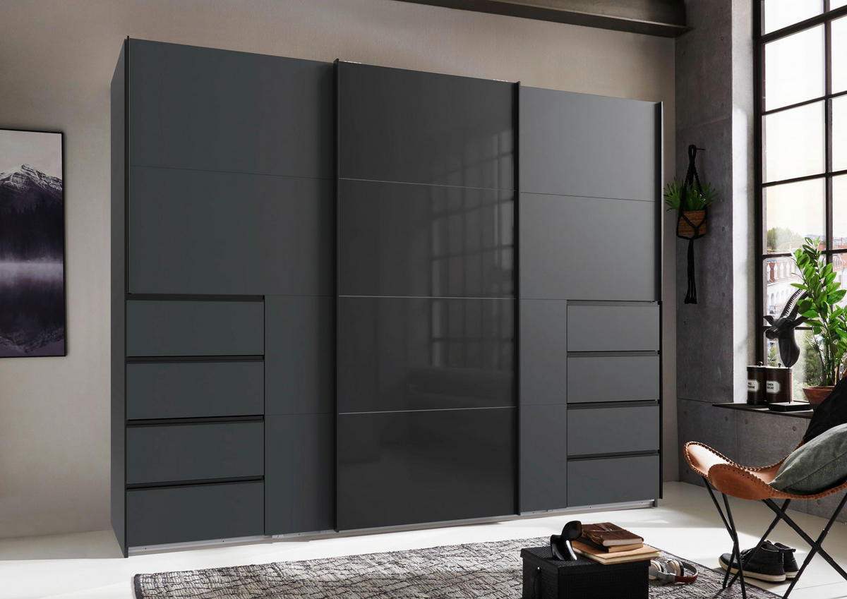 SCHWEBETÜRENSCHRANK 270/208/64 cm 3-türig Graphitfarben  - Schwarz/Graphitfarben, KONVENTIONELL, Glas/Holzwerkstoff (270/208/64cm) - Boxxx