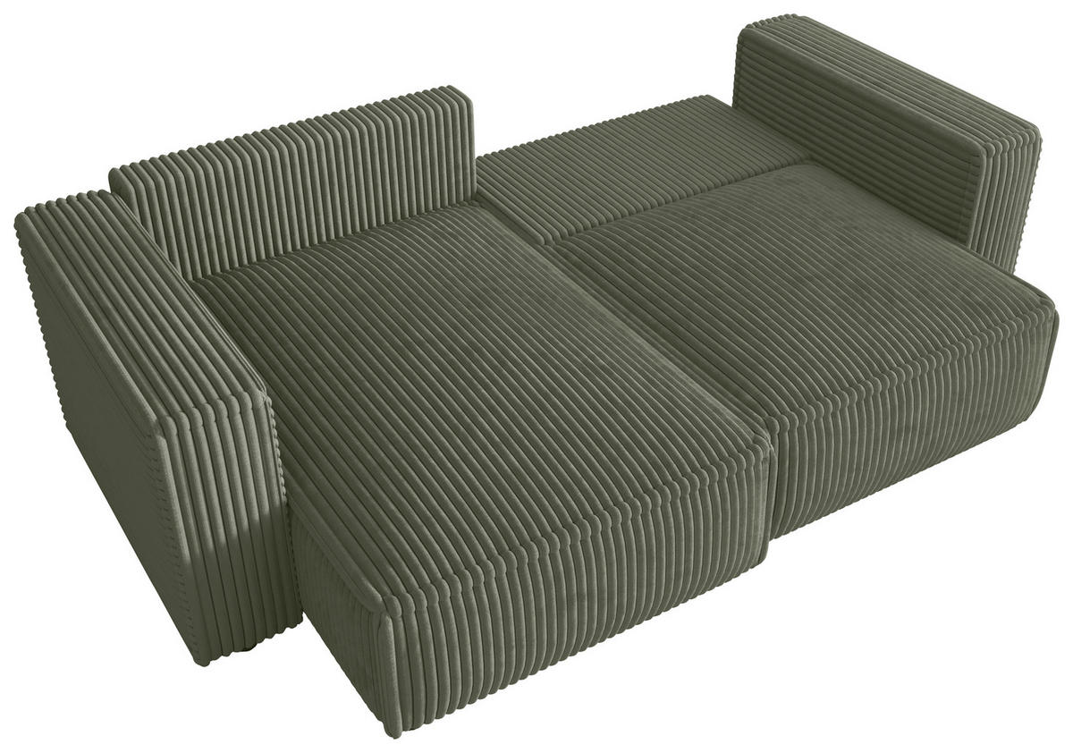 ECKSOFA Olivgrün Cord Zierkissen, Rückenkissen, Schlaffunktion, Rücken echt  - Schwarz/Olivgrün, MODERN, Kunststoff/Textil (153/250cm) - Xora