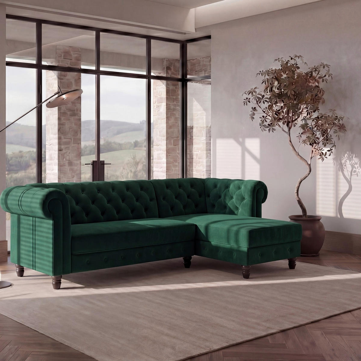ECKSOFA FIRENZE in Velours Dunkelgrün  - Dunkelgrün/Schwarz, Basics, Holz/Textil (241/154cm) - Livetastic