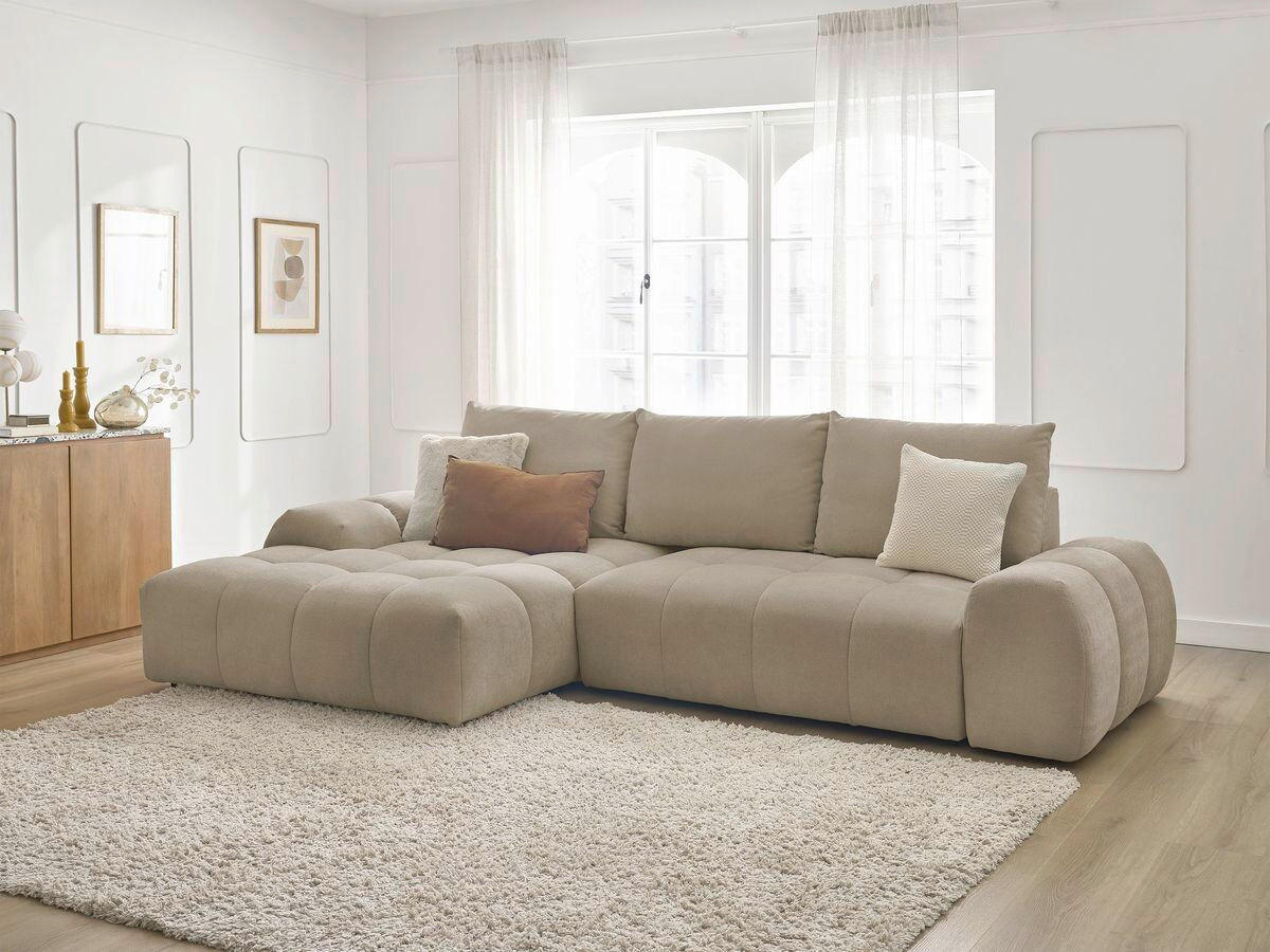 ECKSCHLAFSOFA EVEREST  mit Rücken echt, Armteil links, Armteil rechts Struktur Taupe  - Taupe/Schwarz, MODERN, Kunststoff/Textil (180/318cm) - Livetastic