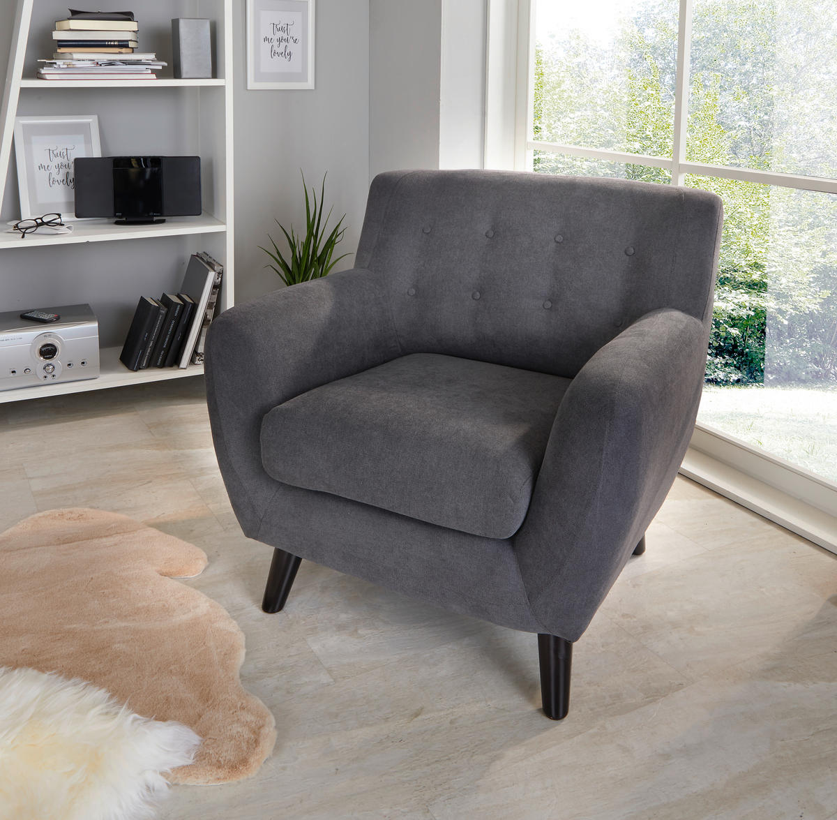 BOXSPRINGSESSEL in Mikrofaser Dunkelgrau  - Dunkelgrau/Schwarz, Modern, Holz/Textil (87/82/85cm) - Luca Bessoni