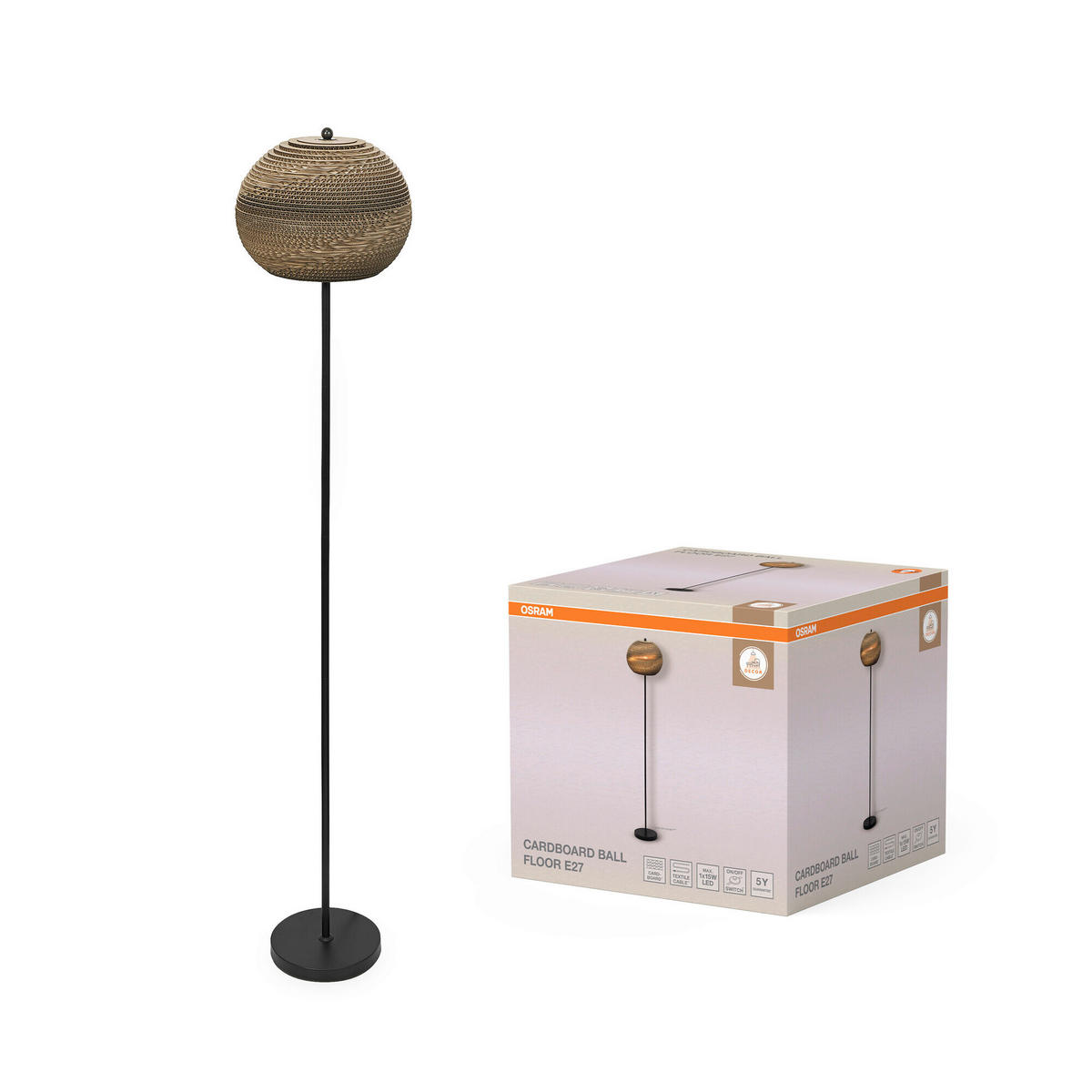 STEHLEUCHTE 30.5/160 cm    - Schwarz/Braun, Natur, Karton/Metall (30.5/160cm) - Osram