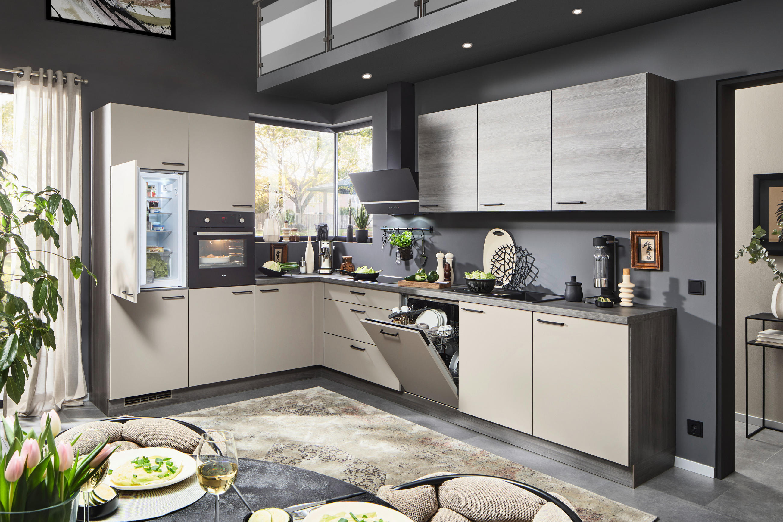 EINBAUKÜCHE   - Creme/Grau, MODERN, Holzwerkstoff - Welnova