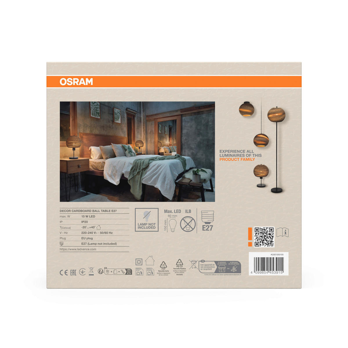 TISCHLEUCHTE 26/38.5 cm   - Schwarz/Braun, Natur, Karton/Metall (26/38.5cm) - Osram
