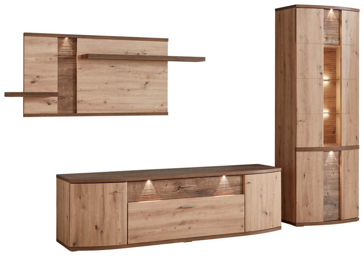 WOHNWAND  in Eichefarben, Eiche Artisan 313/208,6/50 cm  - Eichefarben/Alufarben, Design, Glas/Holzwerkstoff (313/208,6/50cm) - Xora