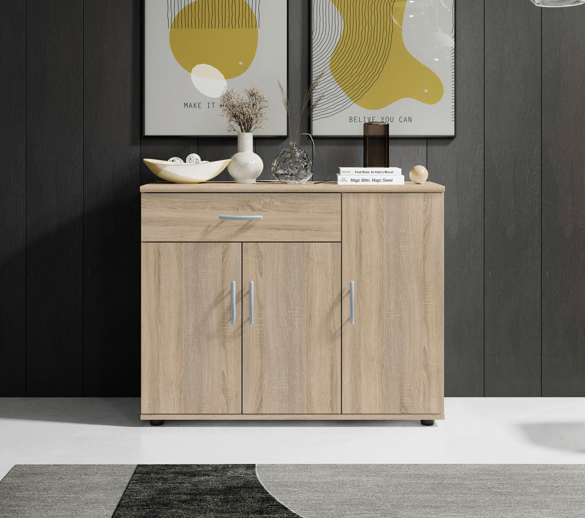 KOMODA  90/70/30 cm  sonoma hrast  - sonoma hrast/srebrna, Dizajnerski, pločasti materijal/plastika (90/70/30cm) - Boxxx