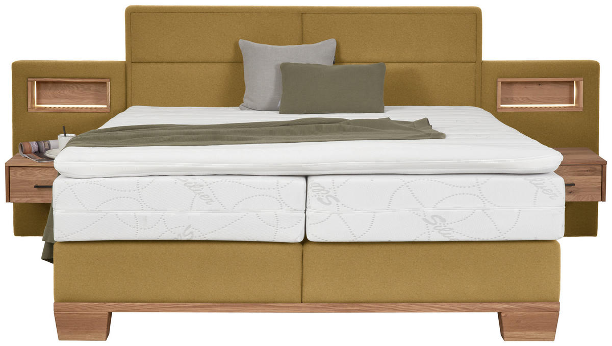BOXSPRINGBETT 180/200 cm,  in Eichefarben, Olivgrün, Matratze, Topper, unterschiedliche Matratzenhärtegrade je Bettseite, H3 + H4 = fest + sehr fest  - Eichefarben/Olivgrün, Natur, Holz/Textil (180/200cm) - Valnatura
