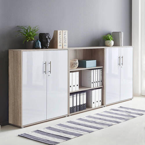 AKTENSCHRANK Sonoma Eiche, Weiß Hochglanz  - Weiß Hochglanz/Sonoma Eiche, MODERN, Holzwerkstoff (253,2/113,6/33cm) - MID.YOU