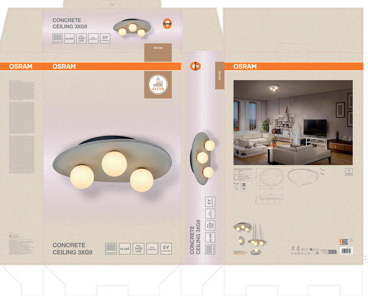 DECKENLEUCHTE    50/38.5/15.5 cm  - Grau, Basics, Glas/Stein (50/38.5/15.5cm) - Osram