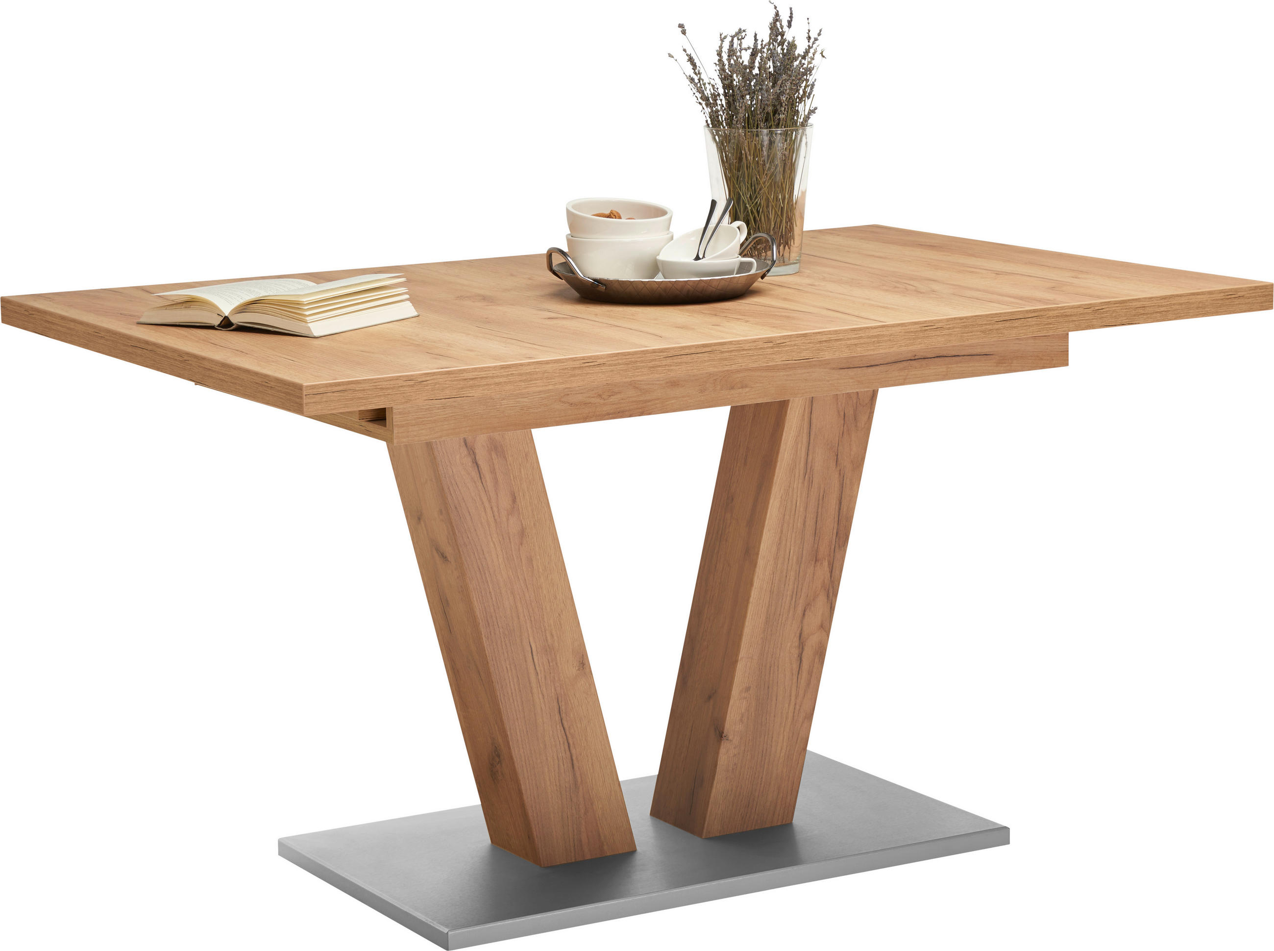 ESSTISCH Eichefarben, Edelstahlfarben rechteckig  ausziehbar  - Edelstahlfarben/Eichefarben, KONVENTIONELL, Holzwerkstoff (140-185/90/76cm) - Valdera