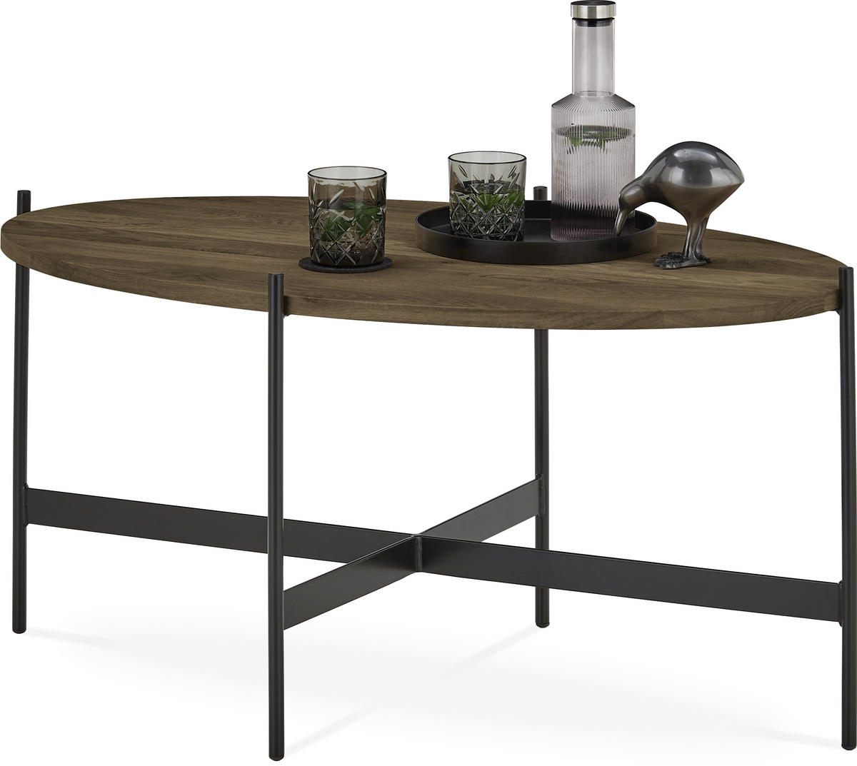 COUCHTISCH Eiche massiv 100/60/49 cm oval Schwarz, Eiche dunkel  - Eiche dunkel/Schwarz, Natur, Holz/Metall (100/60/49cm) - SetOne by Musterring