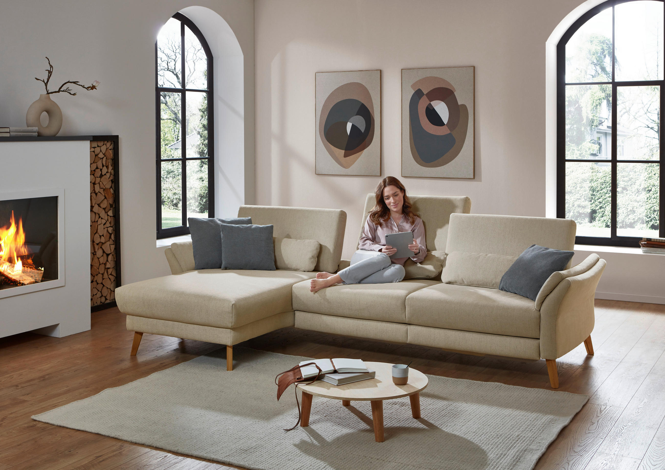 ECKSOFA Beige Chenille, Flachgewebe  - Beige/Naturfarben, Design, Holz/Textil (281/157cm) - Valnatura