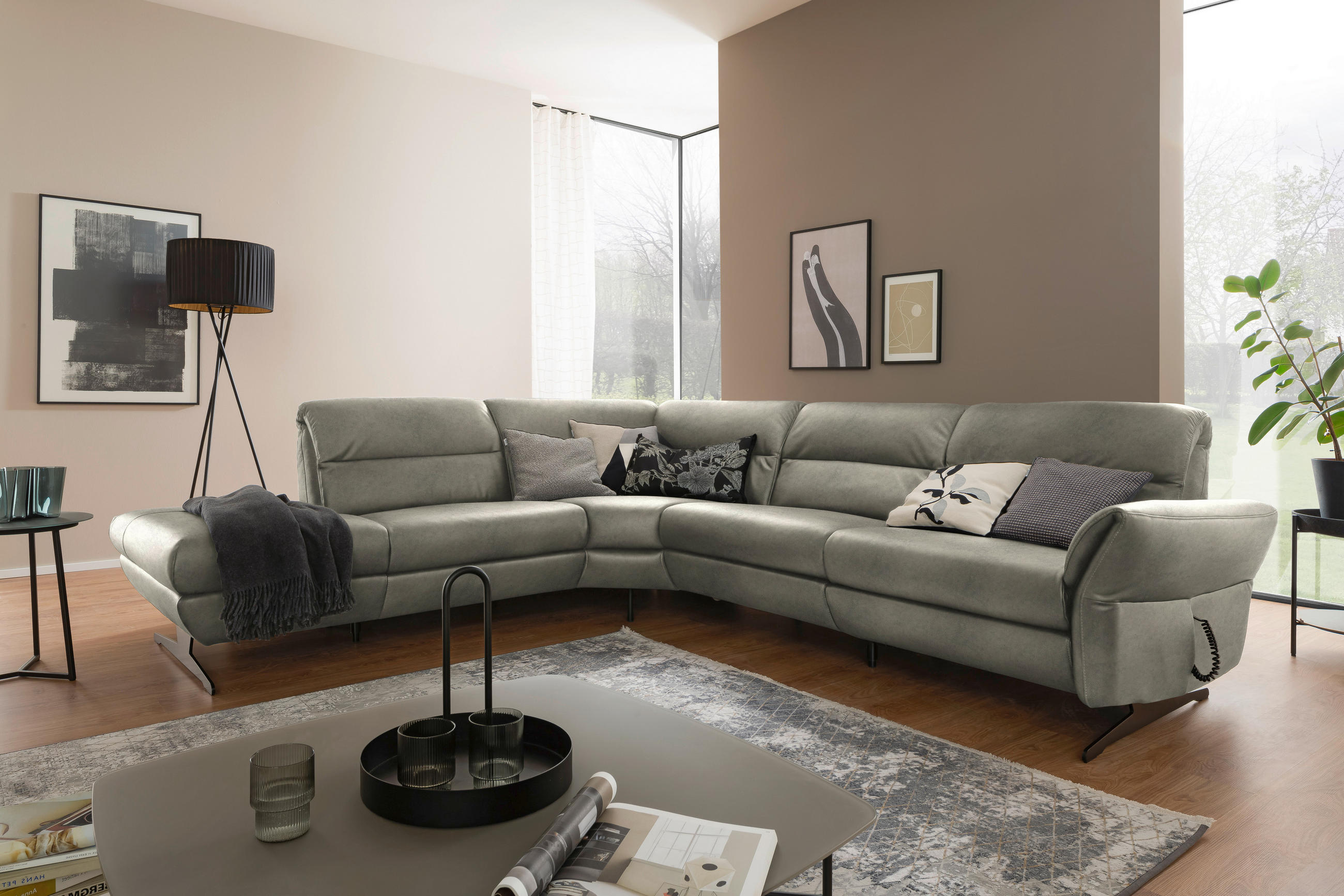 ECKSOFA Hellgrau Echtleder  - Hellgrau/Schwarz, Design, Leder/Metall (258/286cm) - Schöner Wohnen