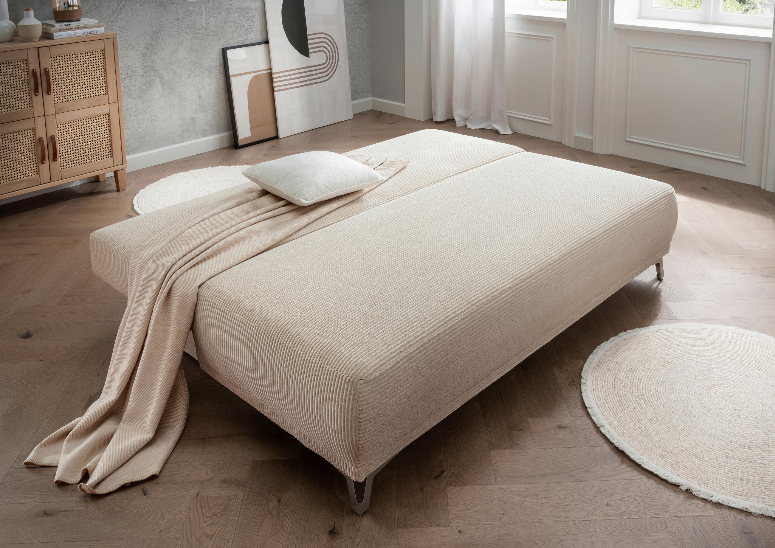 SCHLAFSOFA Cord Beige  - Chromfarben/Beige, MODERN, Textil/Metall (198/90/100cm) - Livetastic