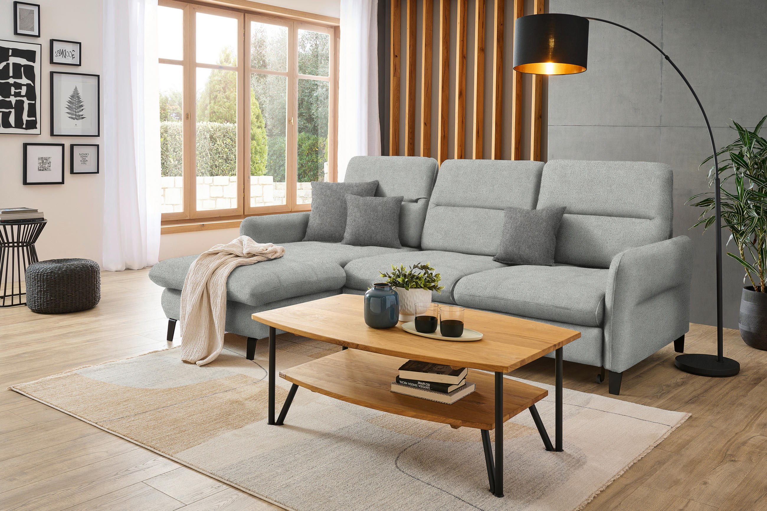 ECKSOFA Hellgrau Flachgewebe  - Hellgrau/Schwarz, KONVENTIONELL, Textil/Metall (190/254cm) - Livetastic