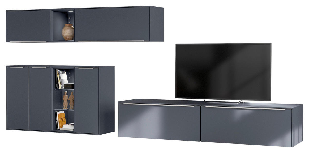 WOHNWAND  in Schieferfarben, Dunkelblau  320/160/48,5 cm  - Schieferfarben/Edelstahlfarben, Design, Holzwerkstoff/Metall (320/160/48,5cm) - Celina Home