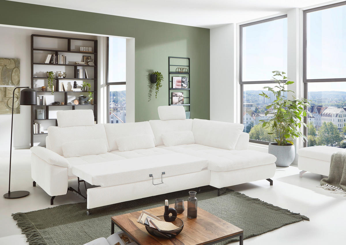 ECKSOFA in Cord, Velours Creme, Naturfarben  - Creme/Schwarz, Design, Textil/Metall (291/197cm) - Beldomo Style