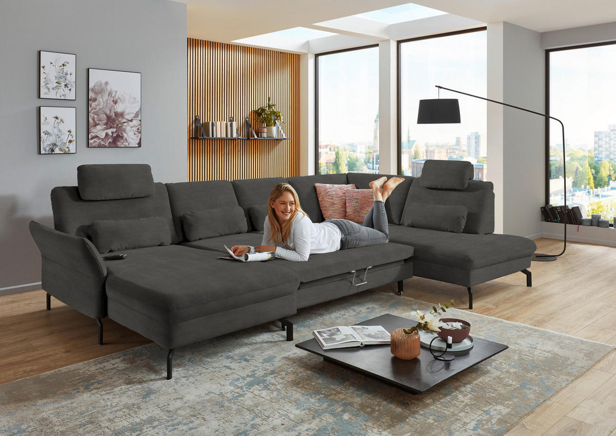 WOHNLANDSCHAFT in Velours Grau  - Schwarz/Grau, Design, Textil/Metall (179/335/220cm) - Beldomo System