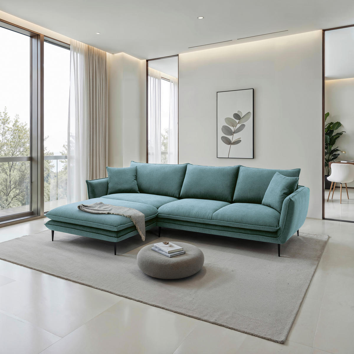 ECKSOFA Blaugrau Webstoff  - Blaugrau/Schwarz, KONVENTIONELL, Textil/Metall (196/304cm) - Hom`in