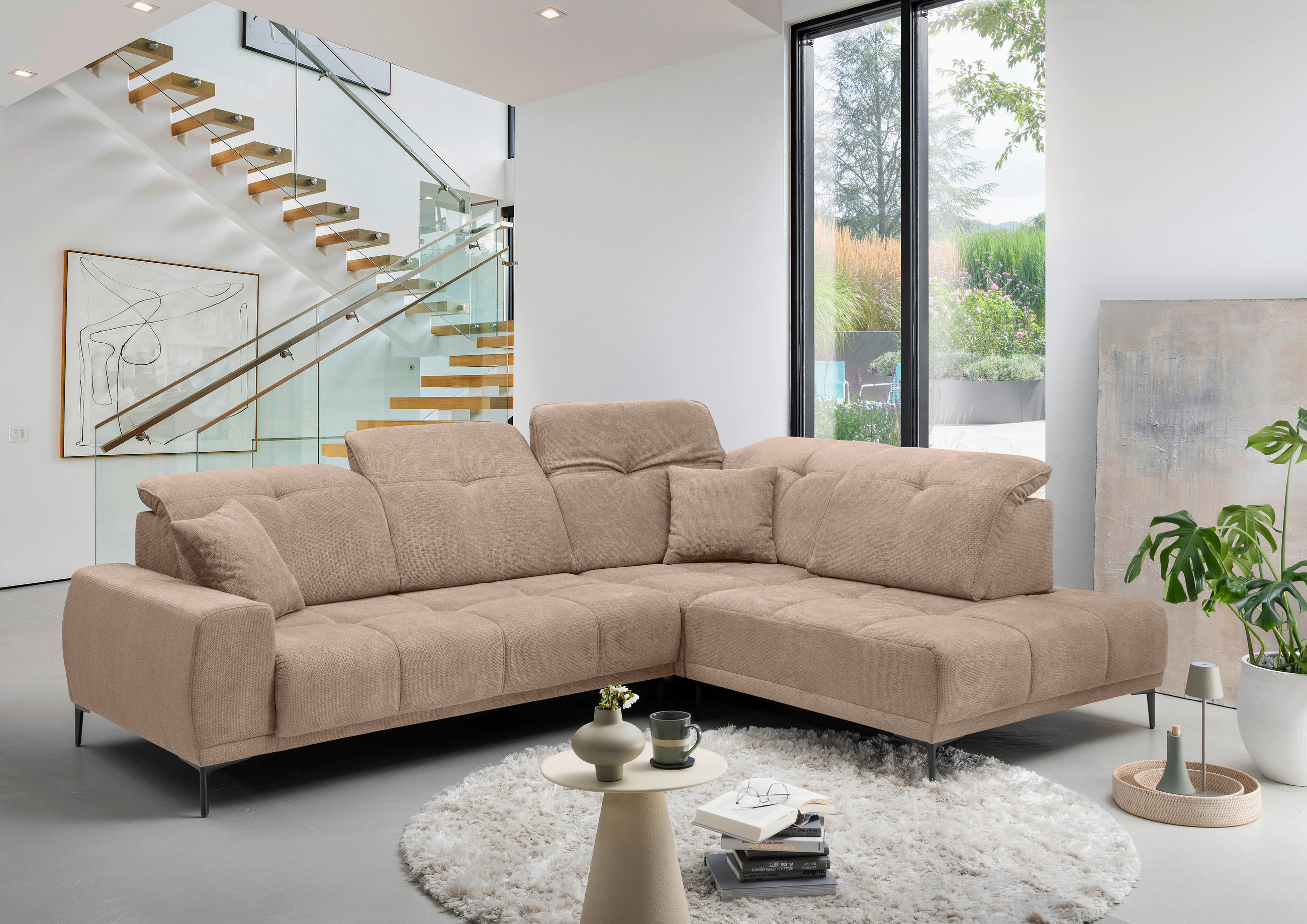 ECKSOFA NESTO Hellbraun Chenille Zierkissen, Kopfteilverstellung, Sitzvorzug  - Hellbraun/Schwarz, Basics, Textil/Metall (305/232cm) - Livetastic