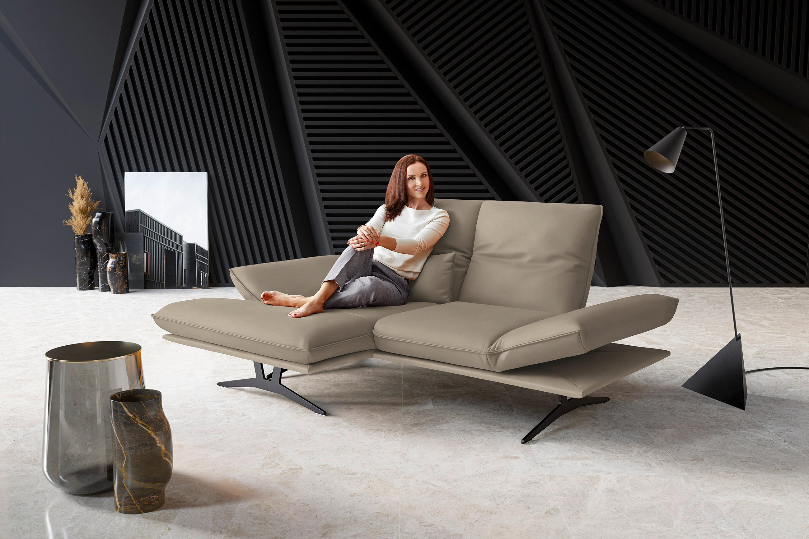 ECKSOFA in Echtleder Sandfarben  - Sandfarben/Gelb, Design, Leder/Metall (130/210cm) - Dieter Knoll