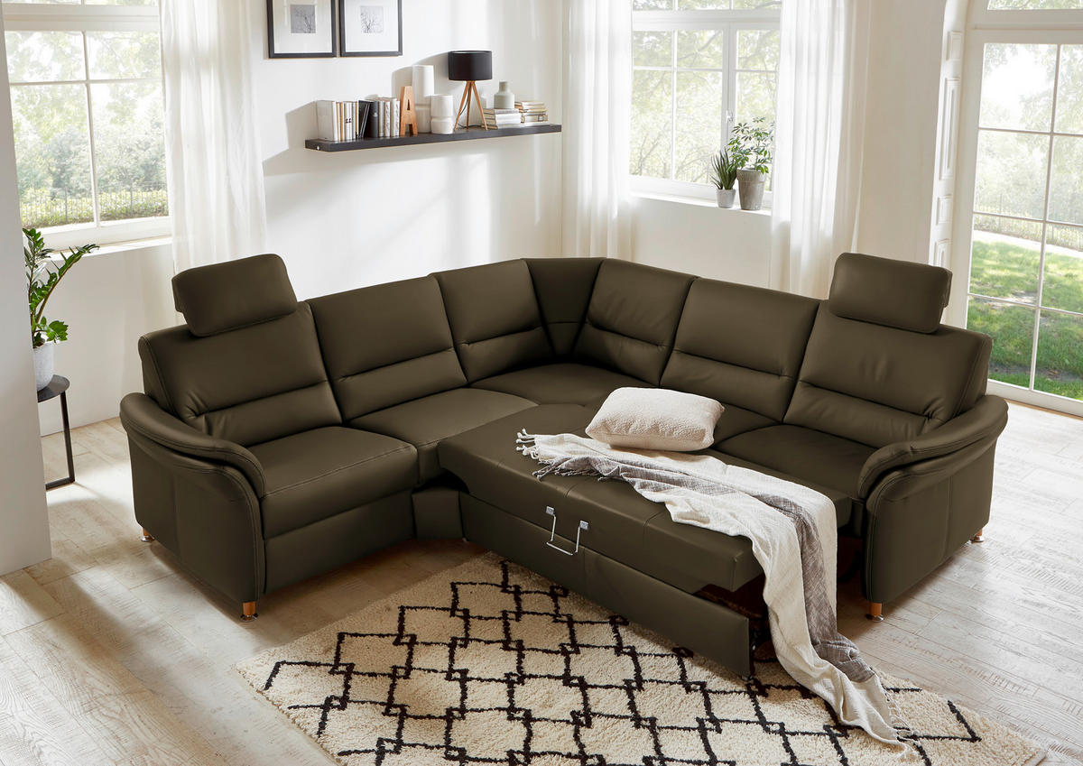 ECKSOFA in Echtleder Grün  262/262 cm  - Eichefarben/Beige, KONVENTIONELL, Leder/Holz (262/262cm) - Beldomo Premium