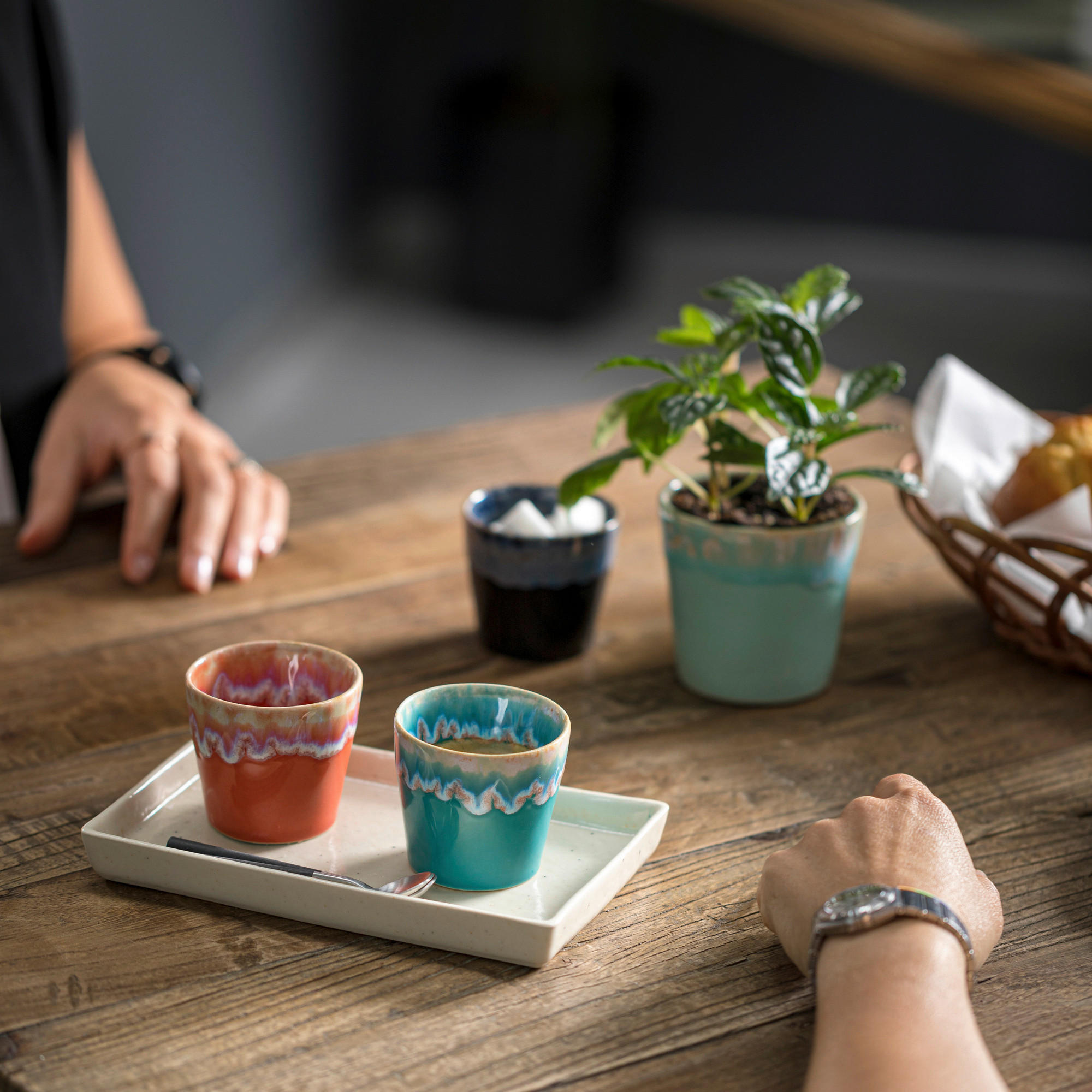 TASSENSET GRESPRESSO 8-teilig  - Türkis/Blau, Basics, Keramik/Holz - Costa Nova
