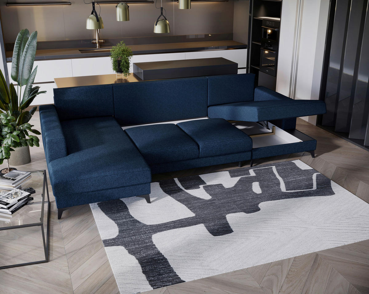 WOHNLANDSCHAFT Blau Flachgewebe  - Blau/Schwarz, Design, Textil/Metall (190/339/156cm) - Livetastic