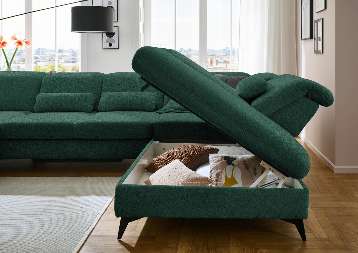 WOHNLANDSCHAFT  in Chenille Waldgrün  - Waldgrün/Schwarz, Design, Textil/Metall (198/364/255cm) - Beldomo Style