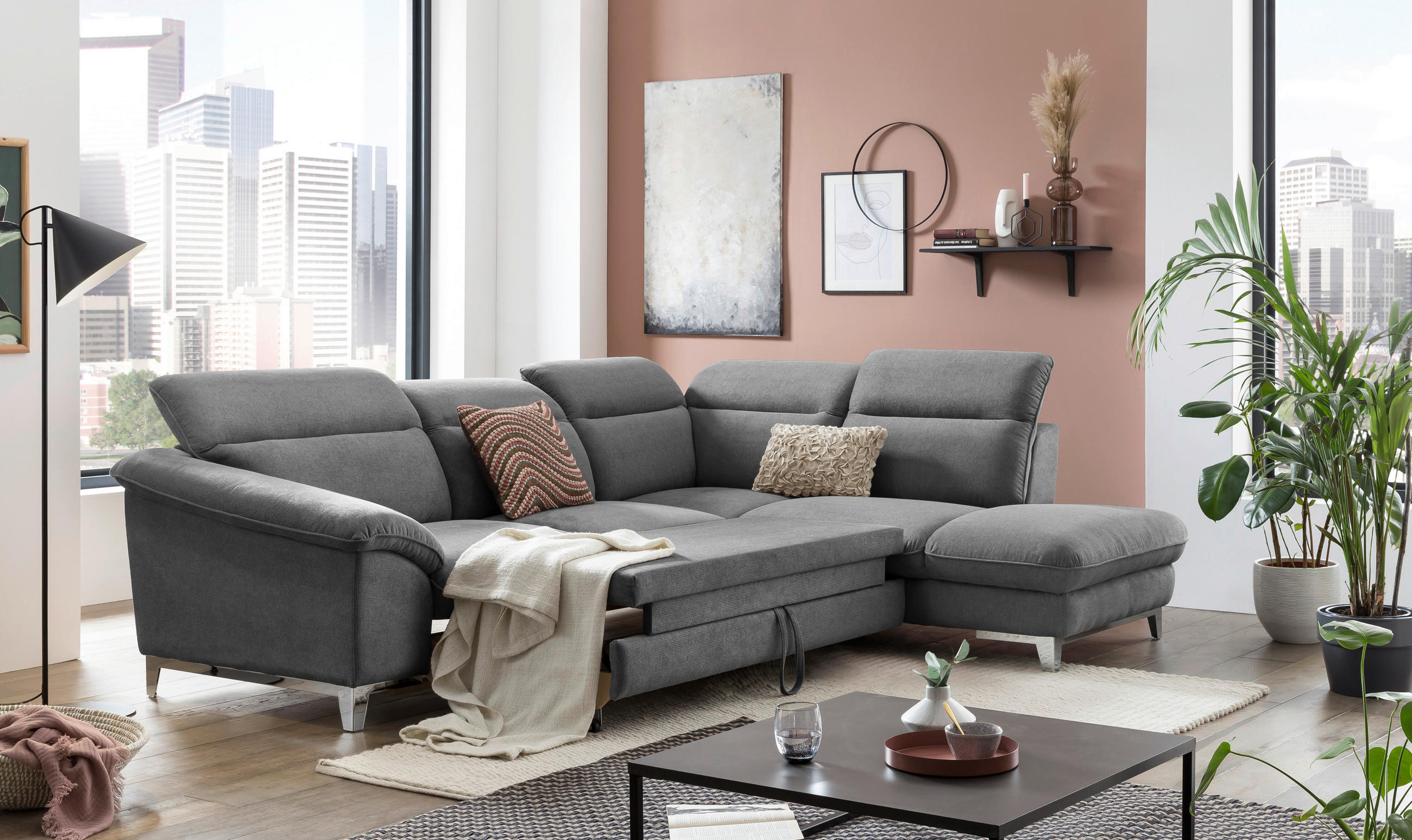 ECKSOFA Grau Chenille  - Chromfarben/Grau, Design, Textil/Metall (293/232cm) - Livetastic