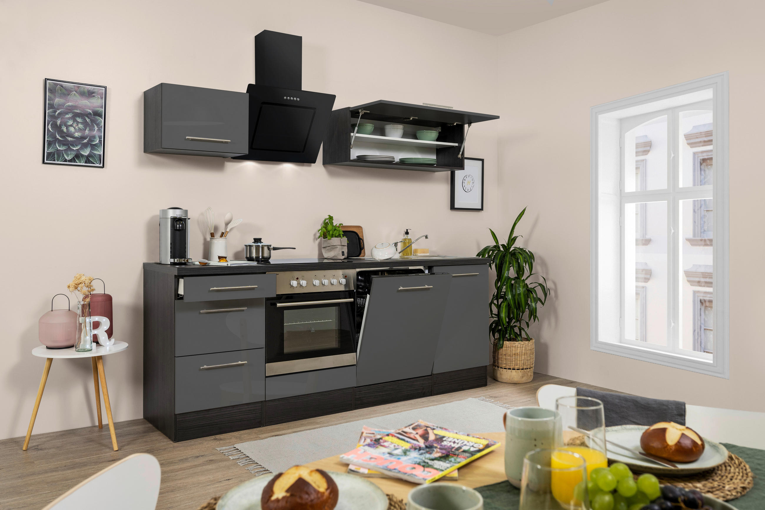 KÜCHENBLOCK 220 cm Grau E-Geräte, Spüle, Soft-Close-System, Geschirrspülerblende, Ab- und Überlaufgarnitur - Alufarben/Grau, Basics (220cm) - Respekta
