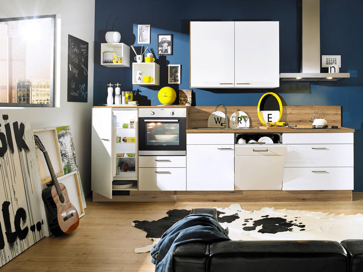 KÜCHENLEERBLOCK 330 cm   in Eichefarben, Weiß Hochglanz  - Eichefarben/Weiß Hochglanz, Design, Holzwerkstoff/Metall (330cm) - Xora