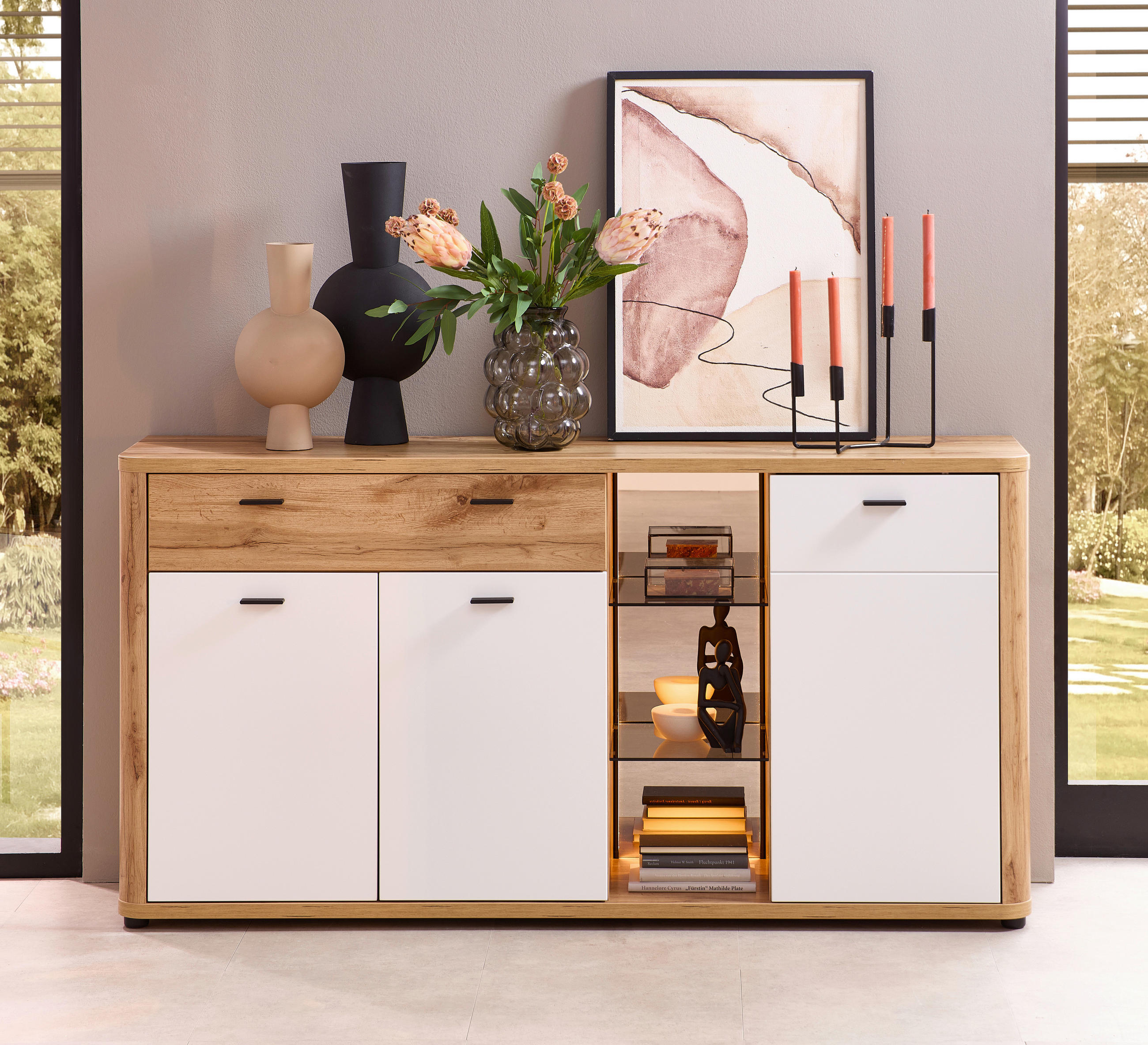 SIDEBOARD Weiss, Eiche Wotan  171/88/41 cm  - Weiss/Anthrazit, Modern, Glas/Holzwerkstoff (171/88/41cm) - Stylife